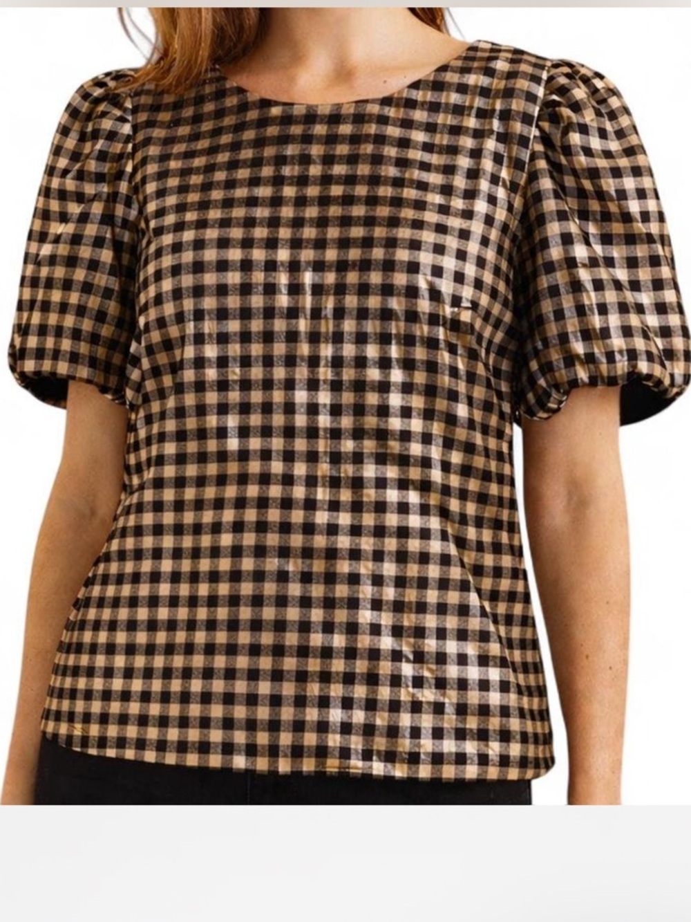 Metallic Gingham Puff Sleeve Top in Black and Gold